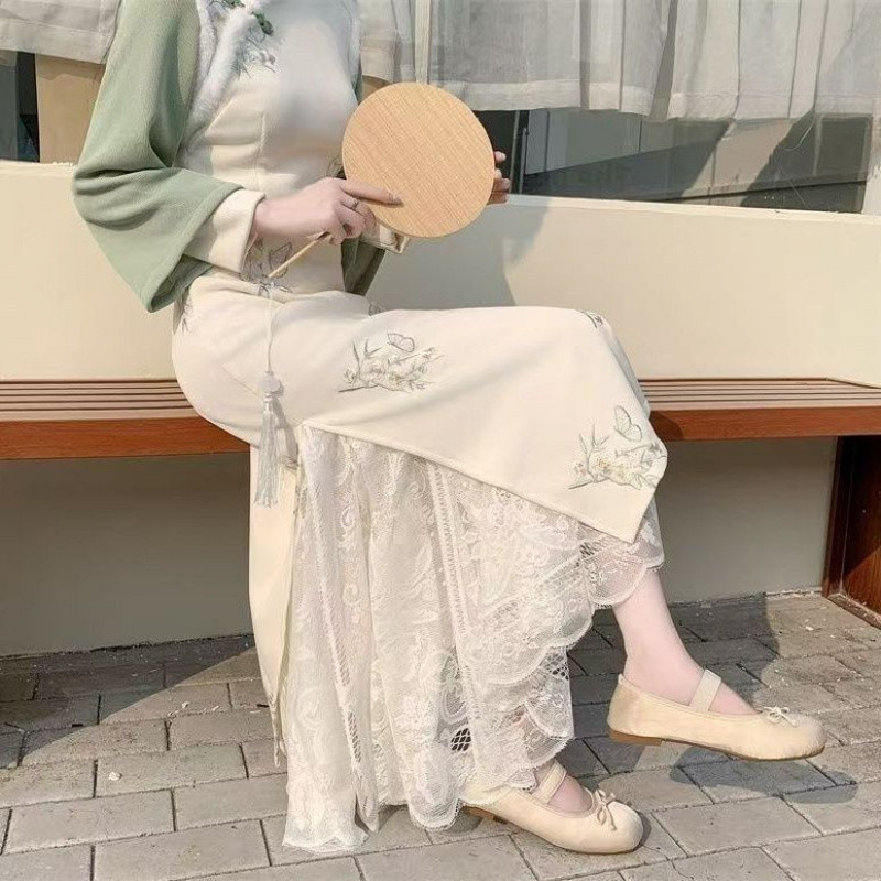 大码旗袍高腰衬裙蕾丝镂空半身裙打底新款百搭中长款长款大摆裙子