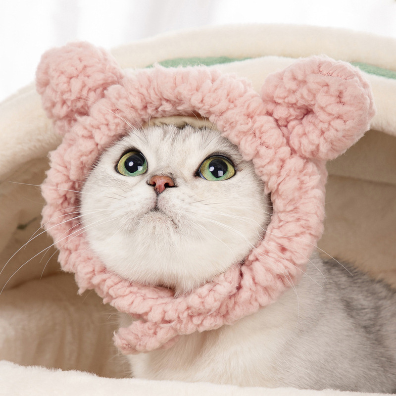 新款宠物帽子小熊毛绒头套可爱猫咪狗狗编织保暖头饰装扮宠物衣服