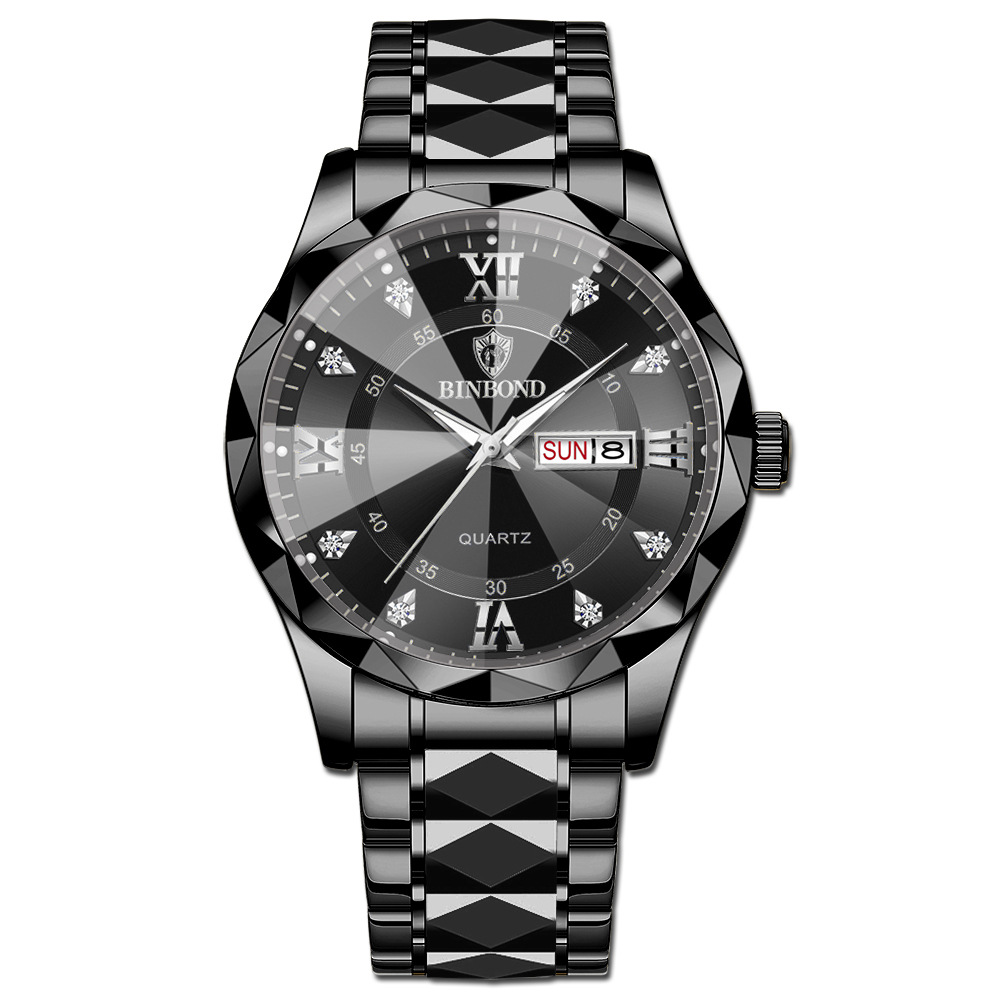 Binbang's new genuine men's watch, calendar day, luminous, waterproof, fashionable diamond-shaped mirror quartz wristwatch Application Scenario