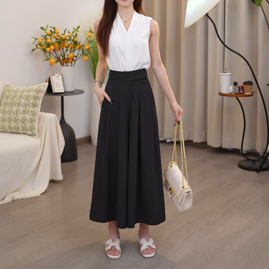 Summer Korean style petite high-waisted skirt pants for women, loose and slimming with a sense of texture, thin casual wide-leg pants, others Application Scenario
