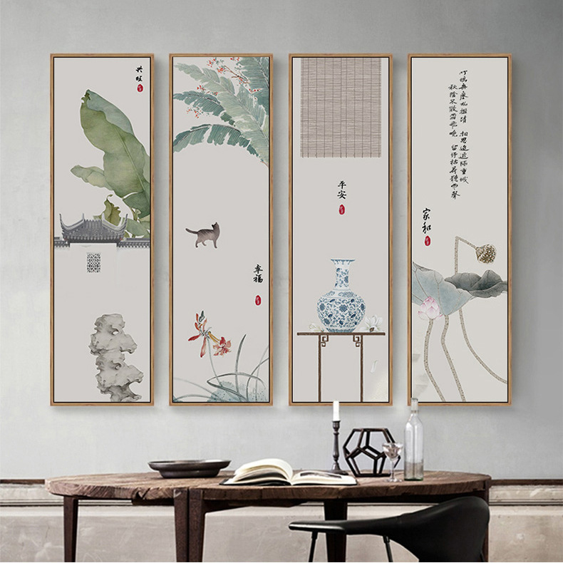 New Chinese-style decorative paintings, landscape paintings, living room background, wall hangings, tea room, study, light luxury four-panel paintings