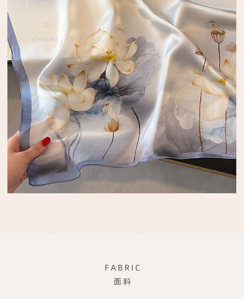 2024新款淡雅荷花桑蚕丝丝巾女真丝围巾杭州丝绸70方巾送妈妈长辈详情7