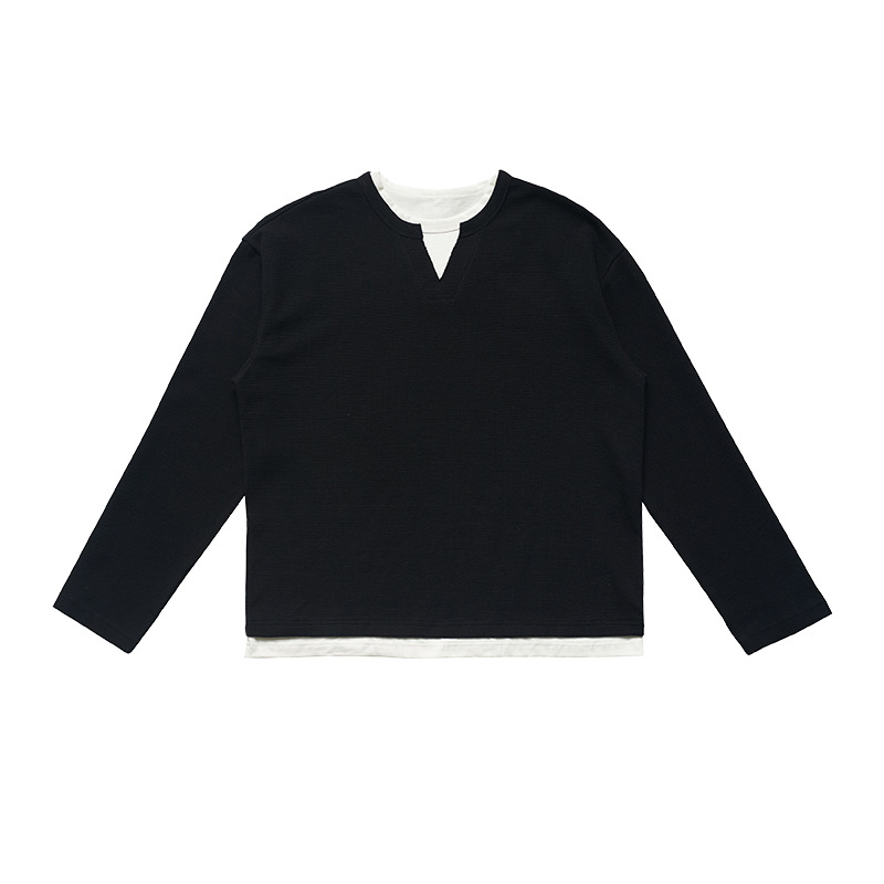 UNF's new autumn and winter collection of niche American fake two-piece Waffle solid color long-sleeved T-shirts, 320G round-neck knitted sweaters for men and women Item Picture