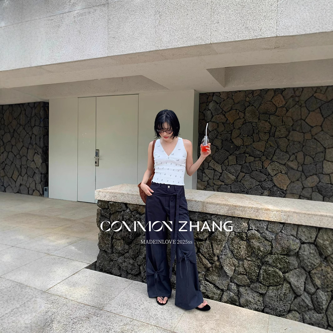 CZ ZHANG Summer Korean urban Sweet Cool Bow tie waist-cinching wide-leg floor-length casual pants for women, B21947 details Picture