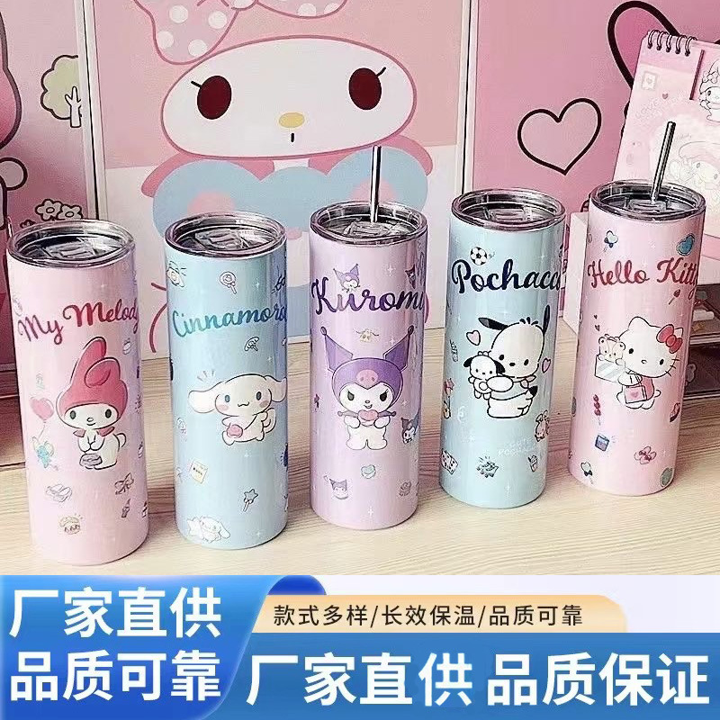 跨境新款卡通三丽鸥304不锈钢圆形直筒带吸管便携保温保冷可爱