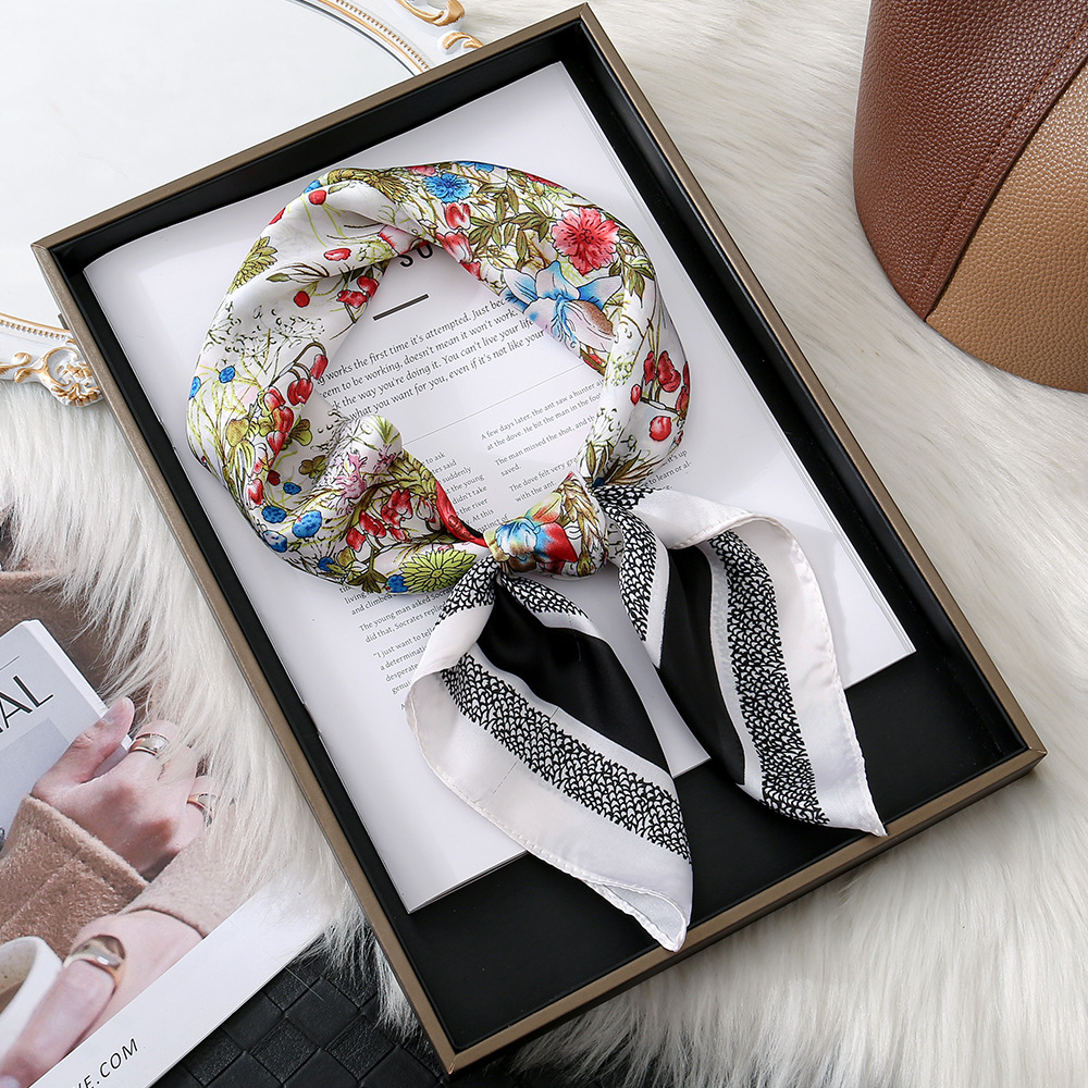 Elegant floral print imitation silk scarf shawl from Hangzhou, fashionable and grand, satin high-end square scarf and neck scarf