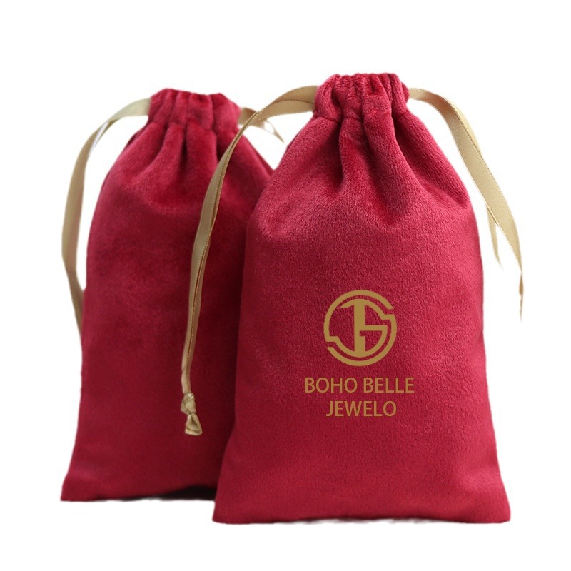 Red festive velvet drawstring bag, dust-proof packaging, velvet storage bag, New Year gift, drawstring bag with LOGO printing Item Picture