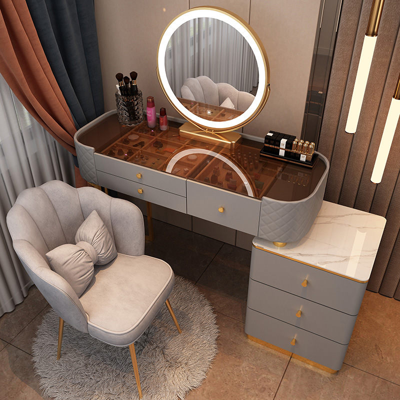 梳妆台玻璃轻奢高级感卧室现代简约岩板化妆桌小户型收纳柜一体桌详情图2