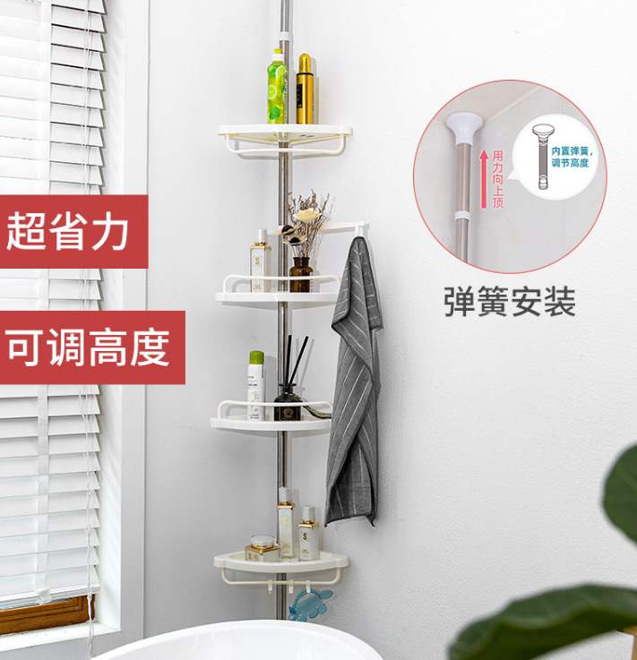 Multi-layered storage rack in the corner of the bathroom
