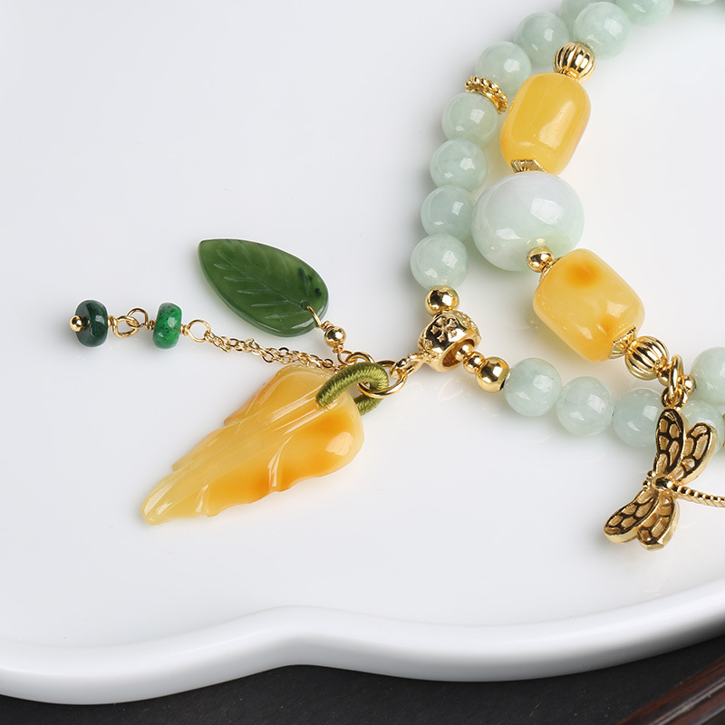 Natural double-layer jade bracelet, beeswax jade mixed and matched multi-circle bracelet, hanging jade leaf dragonfly women's style, sent on behalf Specification image