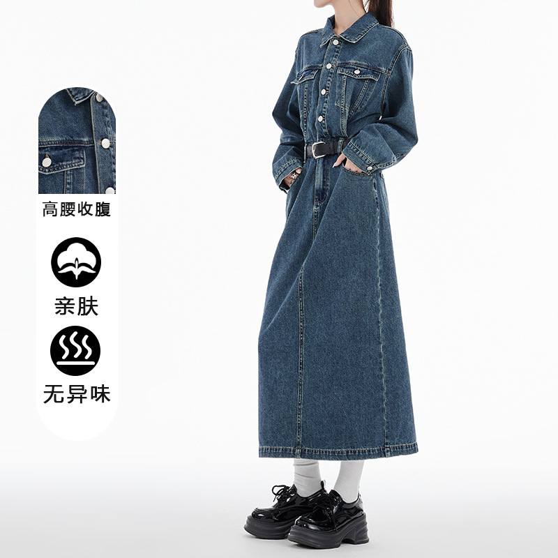 长袖牛仔连衣裙女秋冬款2024新款复古收腰设计显瘦后开叉A字中长