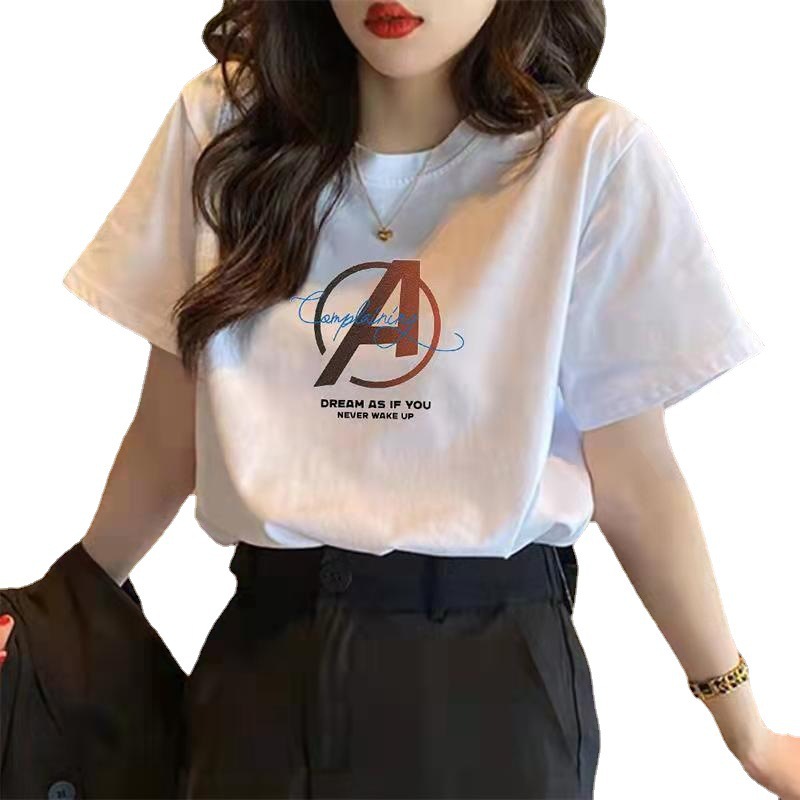 Round-neck couple white printed cotton loose short-sleeved T-shirts for men and women, elegant commuting pullover women's tops Item Picture