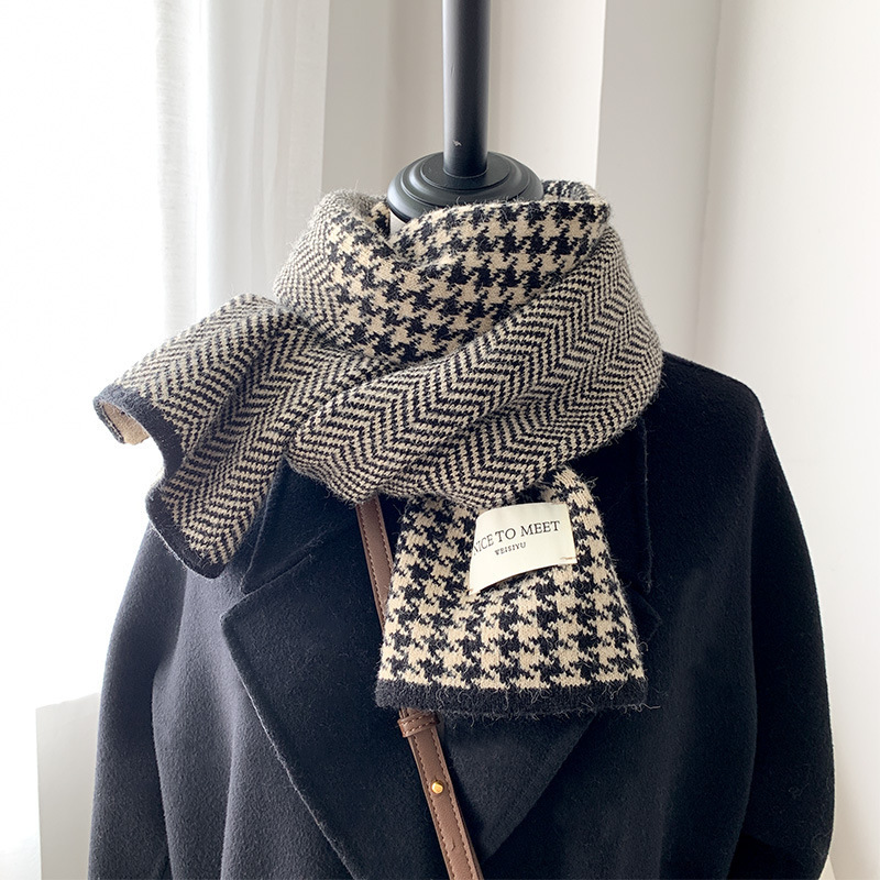 The New Thousand Bird Check Scarf For Women Winter Knitted Warm Bib 2023 Korean Student Couple Trend Scarf