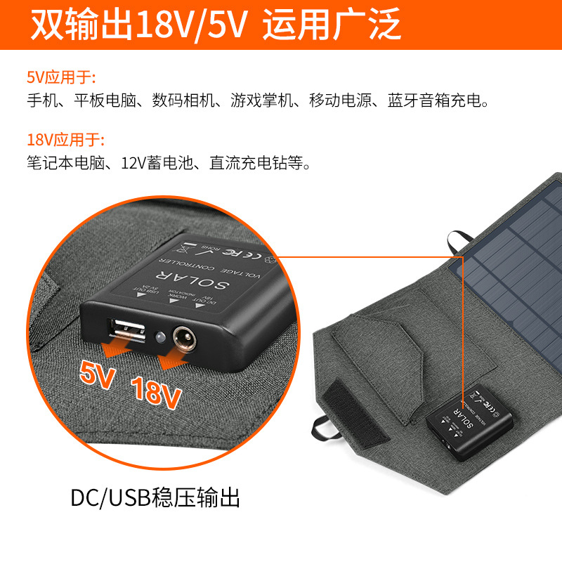 21W, 60W solar panel, 18V portable outdoor camping mobile phone charging pad, solar folding bag Item Picture