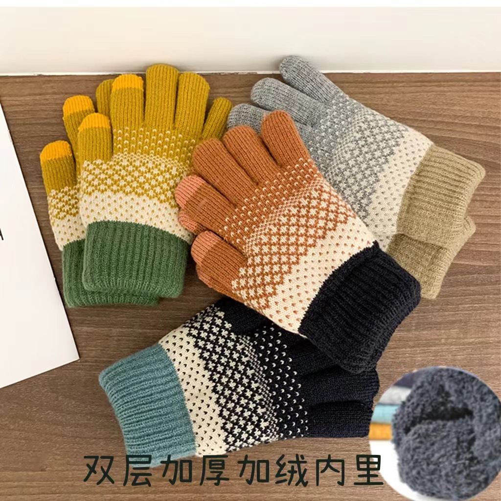 Knitted woolen gloves for women in autumn and winter, thickened and fleece five-fingered warm gloves for boys and girls, student gloves for winter