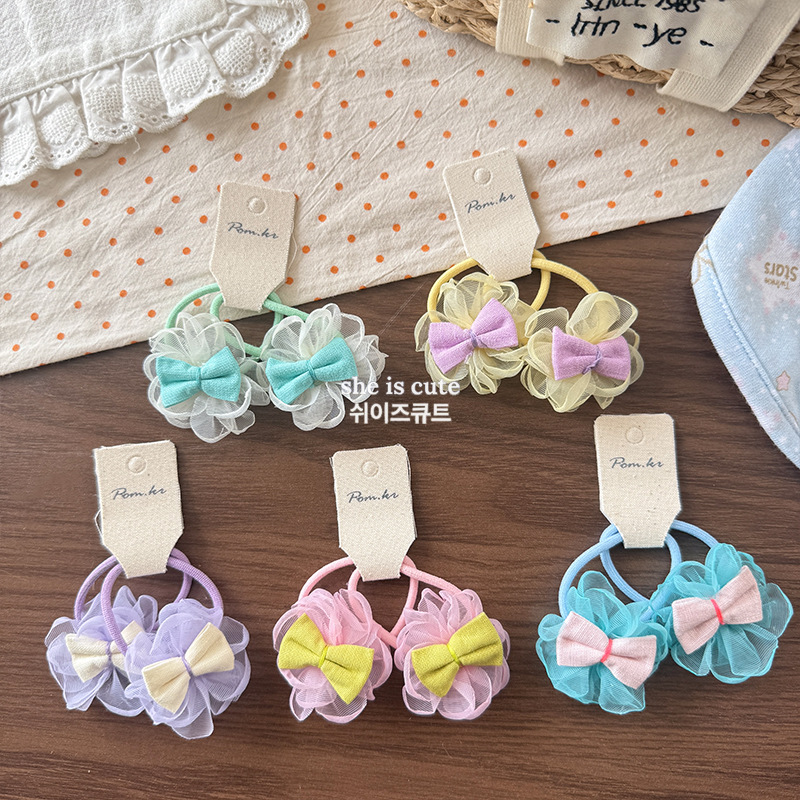 Korean blue lace mesh bow hair tie girls' hair rope Cute little girl tied in a ponytail rubber band details Picture