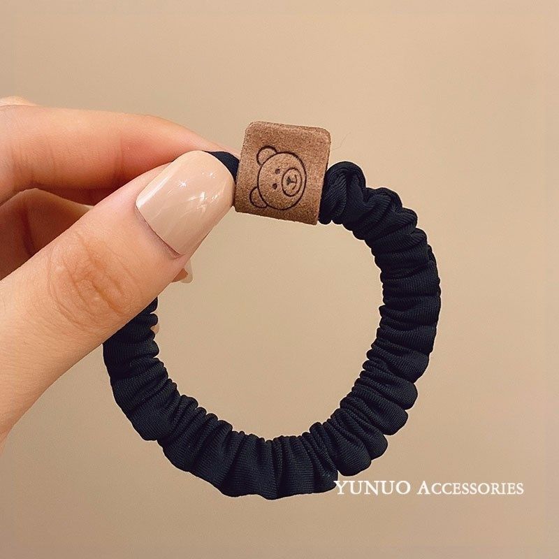 Spring Label Milk Tea Color Leather Band Smiley Face High Stretch Bear Label Hair Band Tie Hair Large Band Head Rope Wholesale 100 Application Scenario