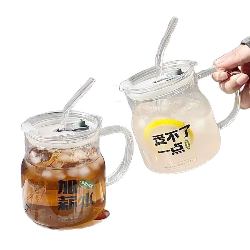 Glass cups, office water cups, office coffee cups, high appearance level straw cups, household portable thickened cups Item Picture
