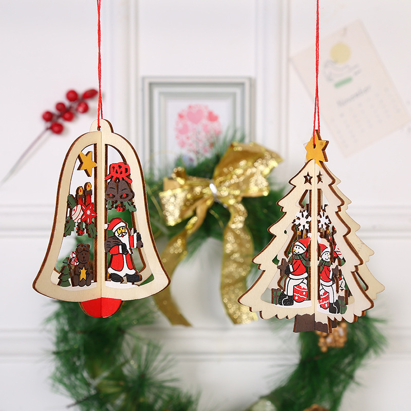New Christmas wooden pendant Christmas tree bell three-dimensional home window decoration home hanging