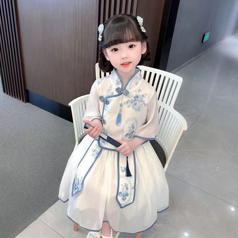National Trend - Girls' Ancient-style Hanfu Set, Summer Chinese style Little Girls' ancient-style children's blue and White Porcelain Tang Suit Performance costume, flowers Specification image
