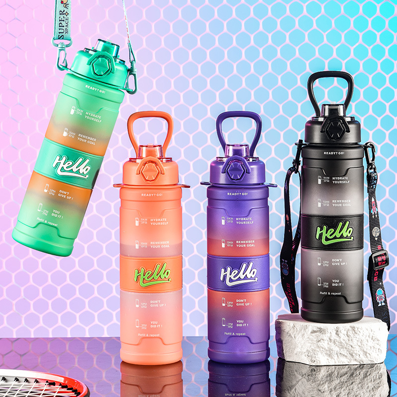 亚马逊1000ML大容量渐变色喷砂双饮背带水壶男户外塑料水杯太空杯