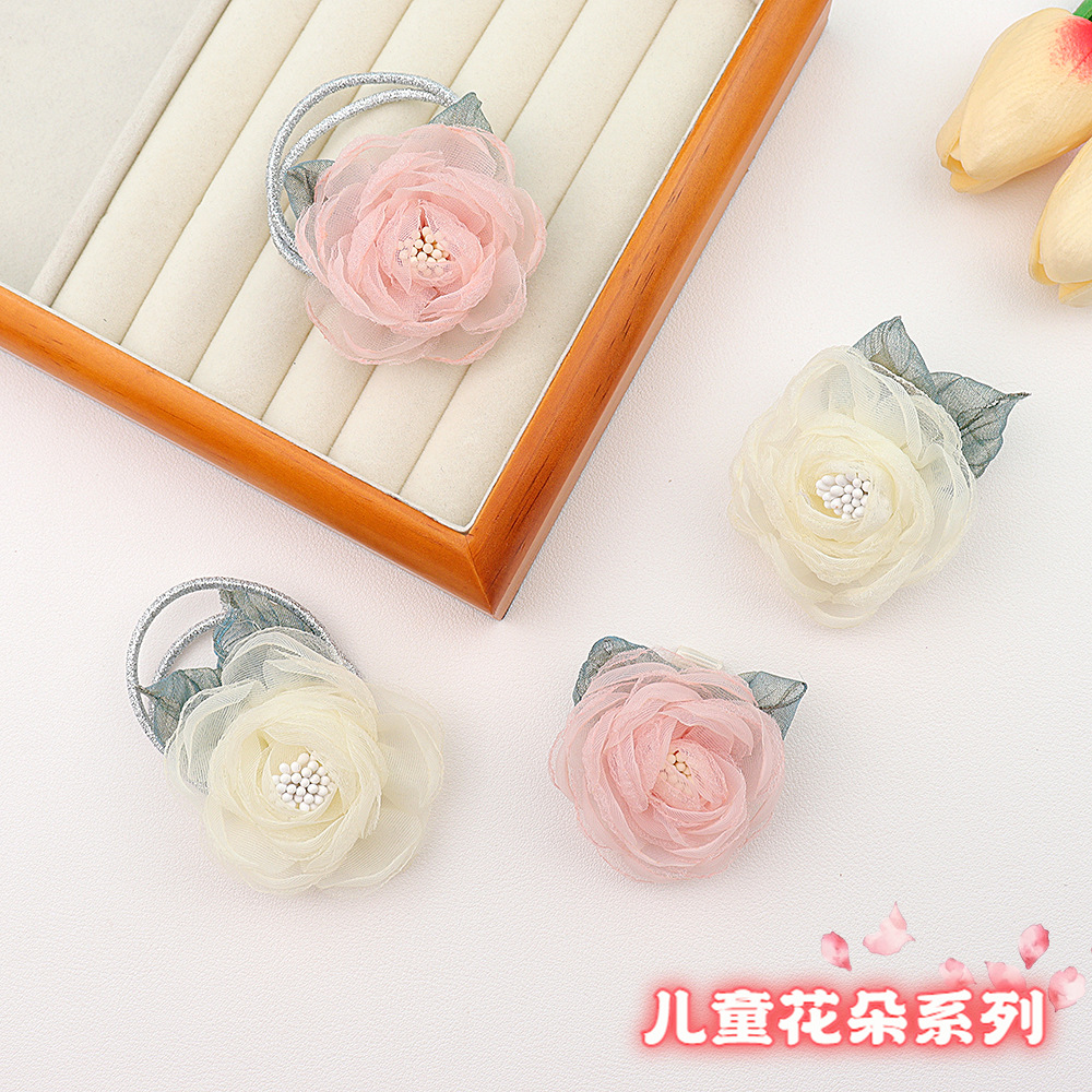 Organza Three-Dimensional Flower Hair Clip Princess Hair Tie Super Fairy Cute Baby Hair Circle Girl Korean Hair Card Headflower details Picture