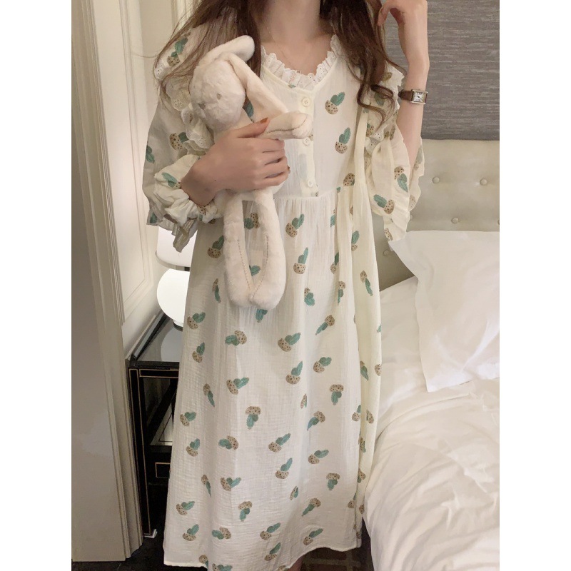 韩国chic女士夏季新款韩版可爱仙人掌V领睡衣花边家居服睡裙发圈图