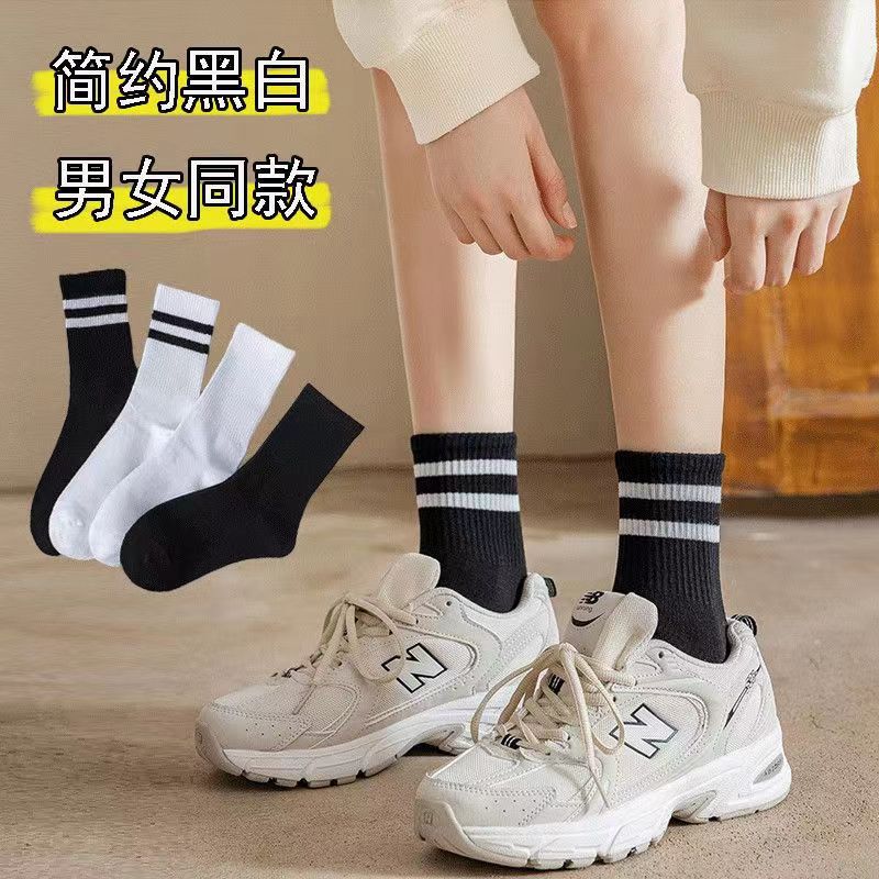 袜子男女黑白休闲运动袜 条纹两条杠学院风中筒袜春夏ins潮情侣袜