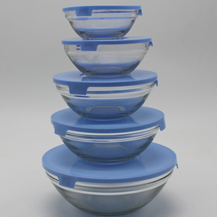 Factory wholesale of five-piece sets of fresh-keeping bowls, five-piece sets of glass bowls, gift sets of bowls, and round glass fresh-keeping boxes for free details Picture