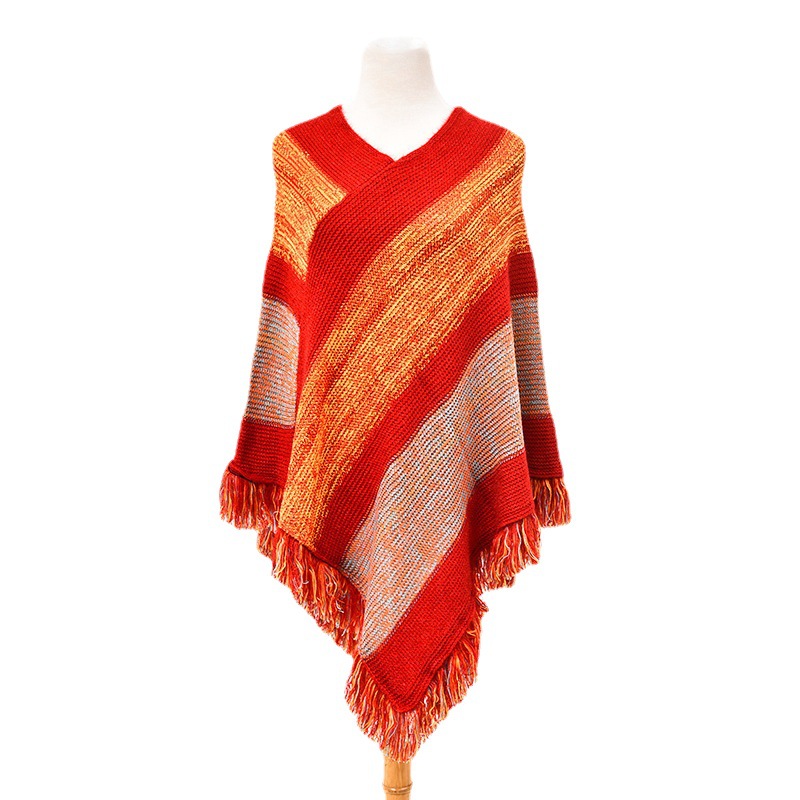 Comercio exterior chales transfronterizos chales pequeños europa y Estados Unidos mujer cuello V manga suelta jersey flecos capa rayada chal Item Picture