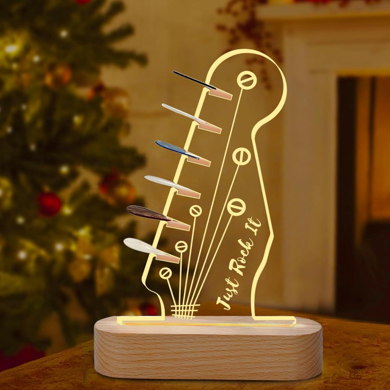 Cross-border new product atmosphere 3D night light, wooden guitar pick storage rack, acrylic projection light, creative gift light full figure