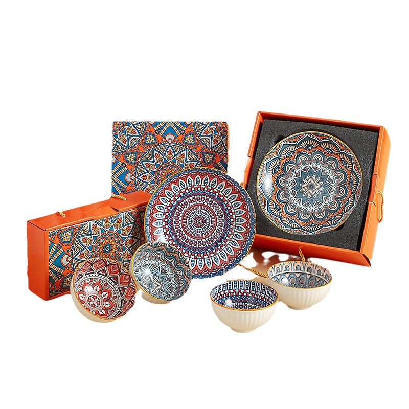 Bohemian-style ceramic bowls, plates, spoons and tableware gift box set event hand-mixed gifts can be printed with LOGO Item Picture