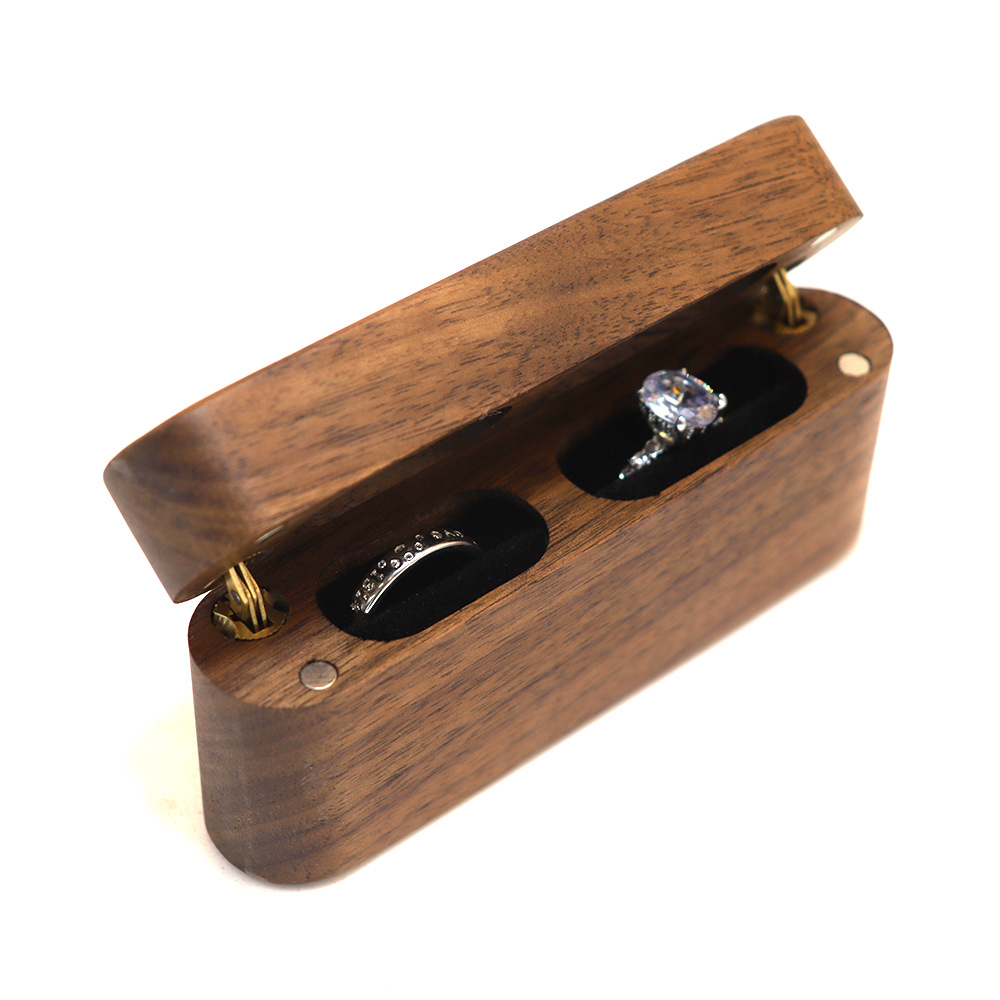 Rounded corner tall long strip double brass hinge engagement ring box, black walnut diamond ring pair box, 180° opening and closing Item Picture