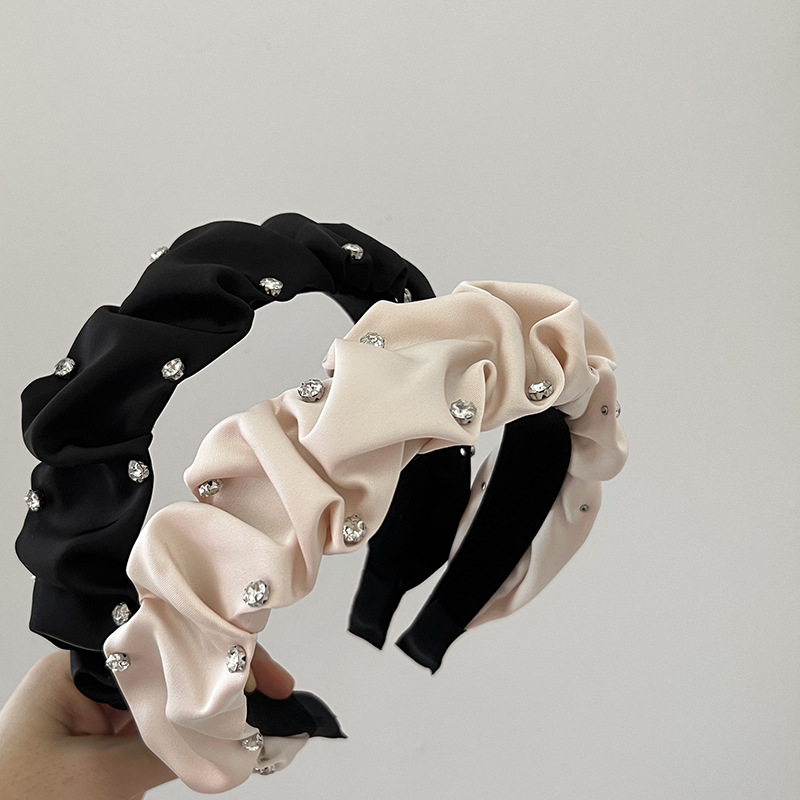 Korean Headdress Advanced Pleated Nail Zircon Hair Clip French Elegant Net Red Wide Edge Retro Headband Specification drawing