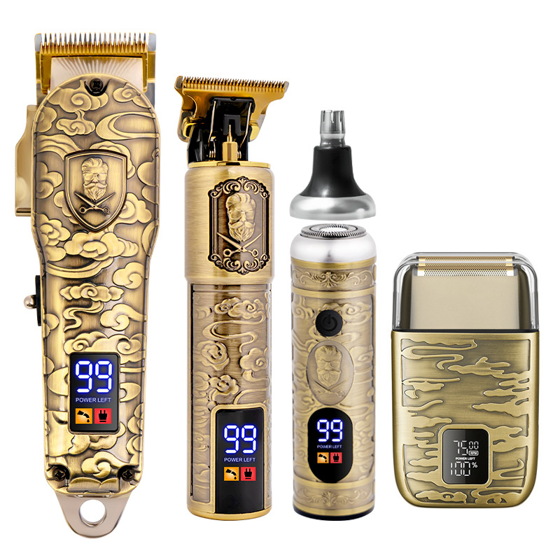 Hatteker Multi-Functional Hair Clipper 4-Piece Retro Clipper Sculpting Oil Head Electric Fader Shaver Nose Hair Shaver