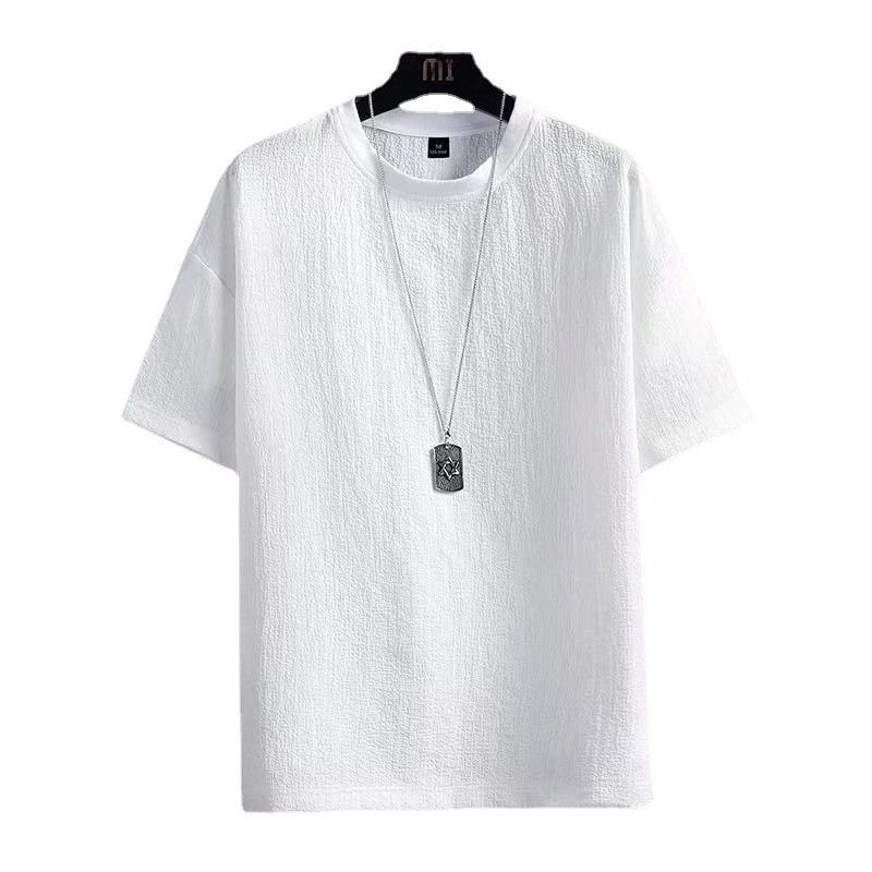 Linen short-sleeved T-shirt for men's summer, new half-sleeved T-shirt, cotton and linen solid color loose base layer, white five-quarter sleeve Item Picture