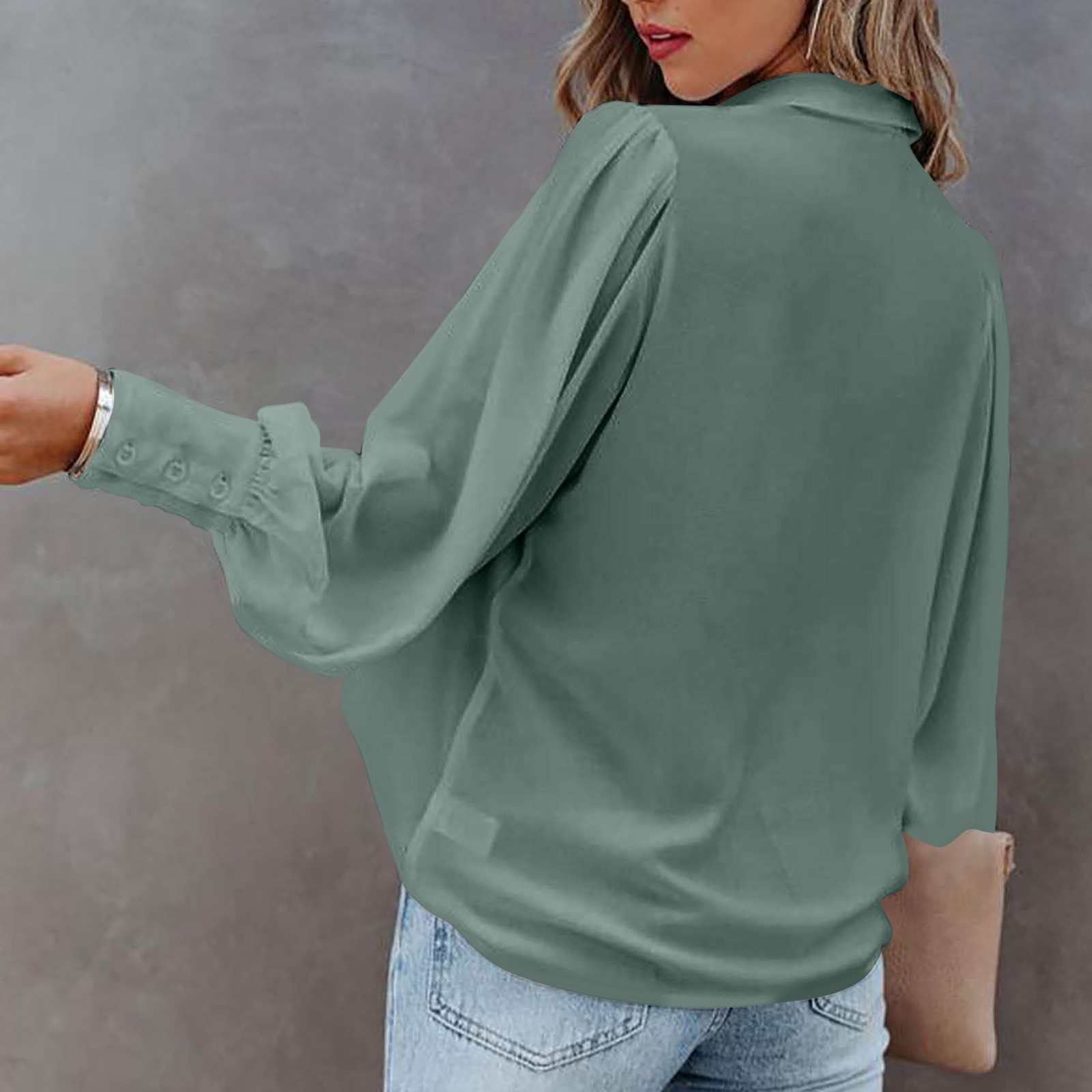 Aladdin Cross-border women's long-sleeved button-up top, soft and comfortable, lantern sleeve pleated solid color stand-up collar loose shirt Specification image