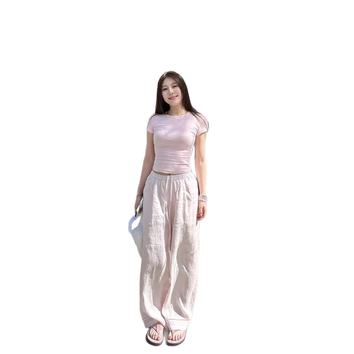Thin cotton and linen pink linen wide-leg pants for women with a gentle summer feel, loose and casual lace-up, elastic waist and drape straight-leg pants Item Picture