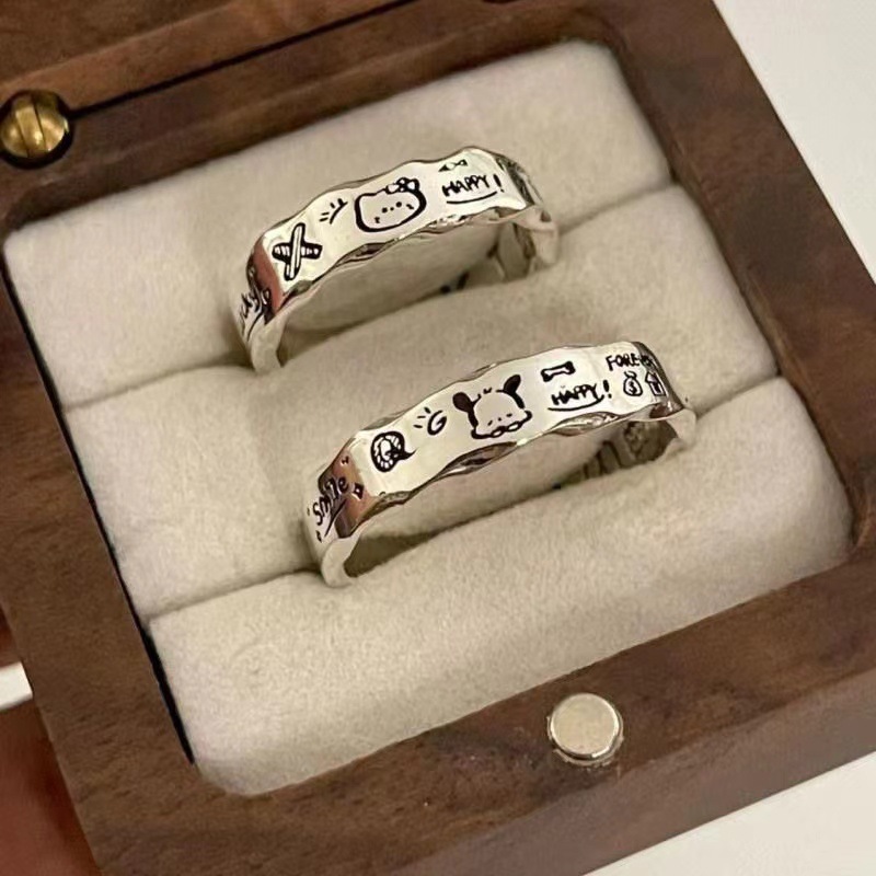 kitty cat and Pacha dog couple graffiti ring, a niche design, cute cartoon minimalist wavy food ring