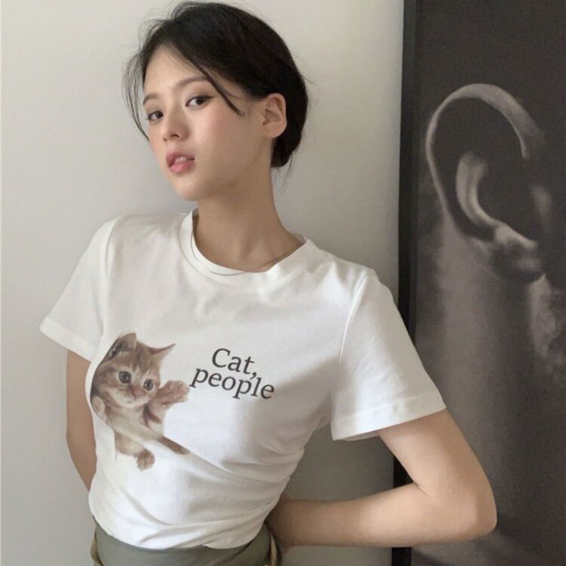 修身显瘦短袖T恤圆领休闲上衣女美式cat people猫咪印花精品女装