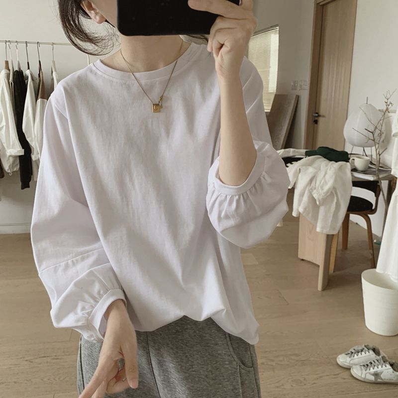 A 300-pound French-style casual lantern sleeve shirt for women in autumn, loose, simple and versatile nine-quarter sleeve top for women