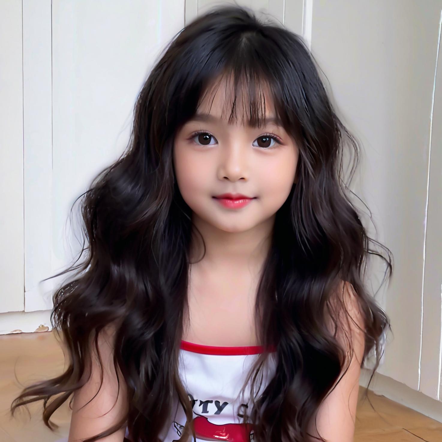 Hot-selling children's long curly hair, straight bangs, synthetic fiber baby head simulation wig, full head set, children's wig set on Douyin Store details Picture
