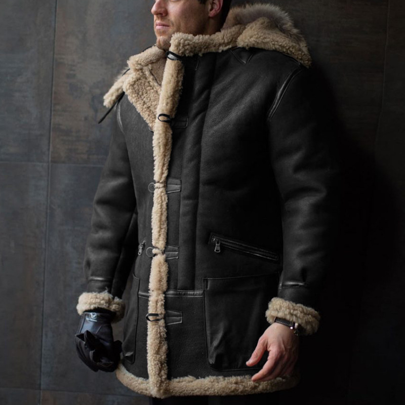 2021wish European and American solid-color fur one-piece hooded single-breasted overcoat, zipper pocket loose warm cotton-padded jacket for men details Picture