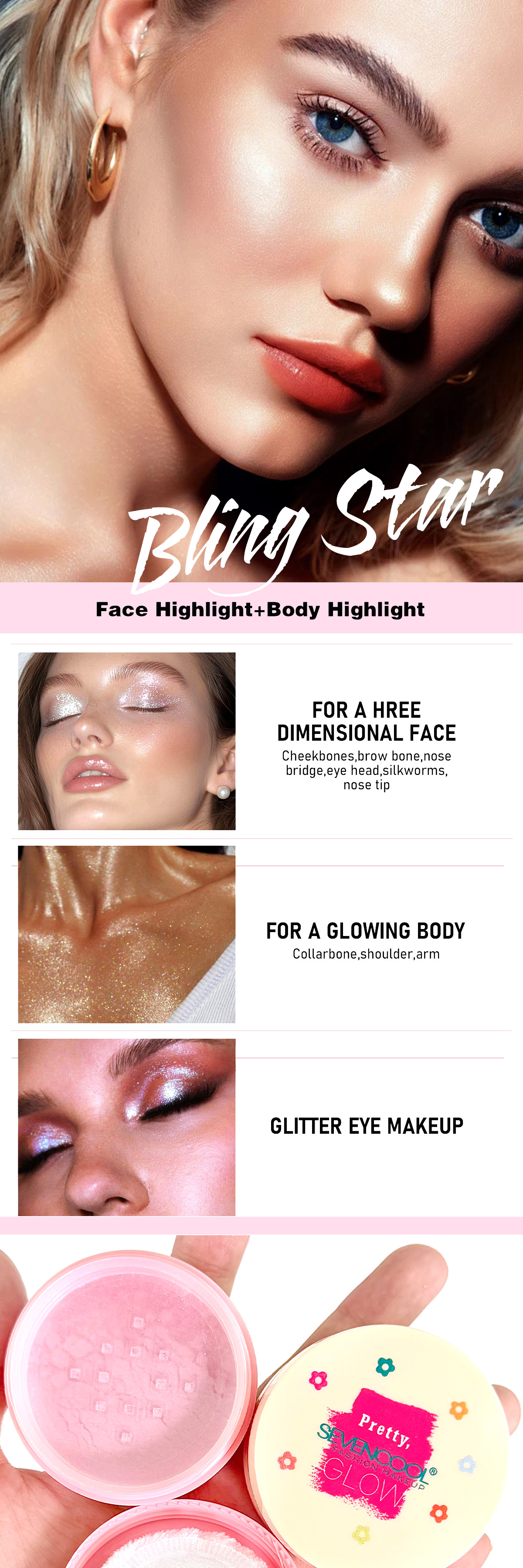 SEVENCOOL high-gloss loose powder, setting powder, long-lasting and natural color, shiny loose powder and loose powder, customized cross-border trade pic 3