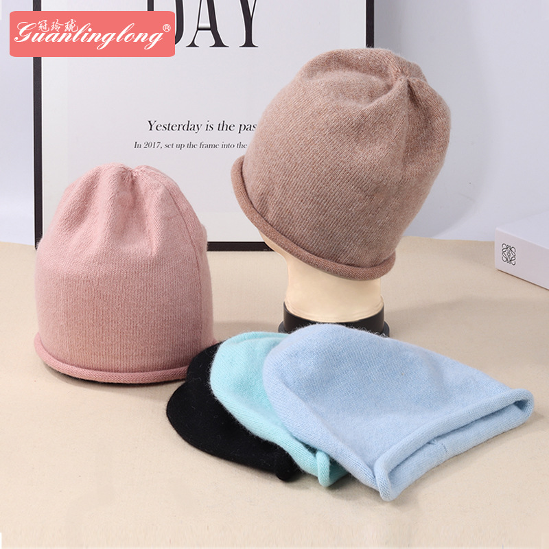 Warm hat autumn and winter warm ear protection new casual rolled-up head hat rabbit wool hat wool knitted hat full figure