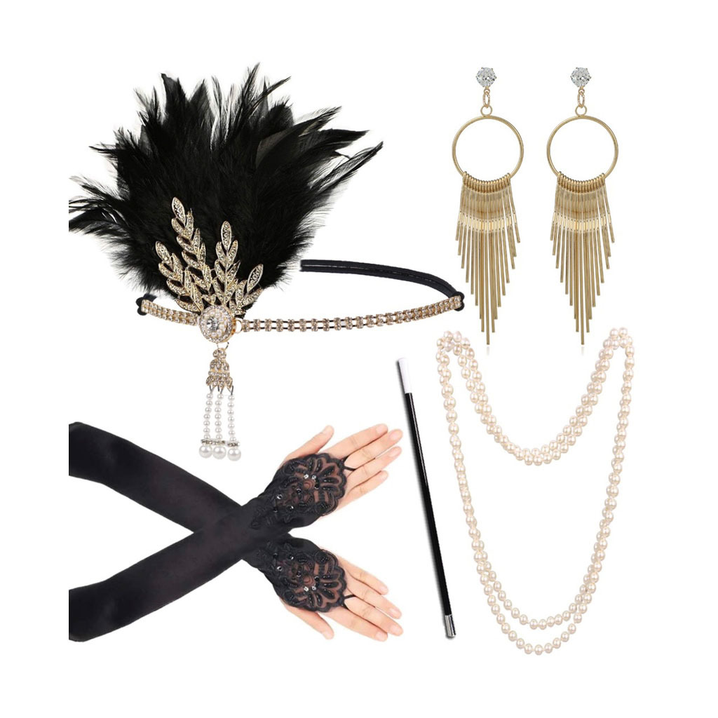 Gatsby Party Feather alloy headband, pearl necklace, cigarette stick glove set, retro Hepburn outfit accessories details Picture