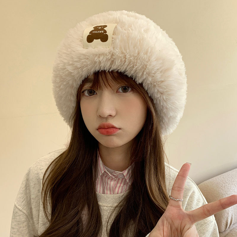 Sheepskin fleece headwear and ear-protecting hat, big head collar to show off face, little Northeast Mongolian cold-proof knitted hat, cute little bear Specification image