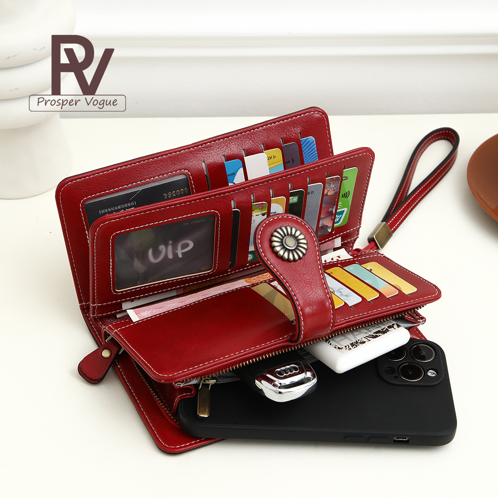 Cross-border blast RFID anti-magnetic monedero para mujeres europa y américa retro piel de cera de aceite calado billetera de dinero cartera de mano de gran capacidad Specification image