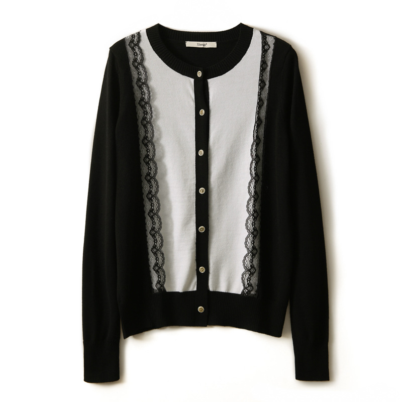 Women's 2022 autumn/winter new sweater, Korean-style long-sleeved top, slimming with lace patchwork and round-neck knitted cardigan Item Picture