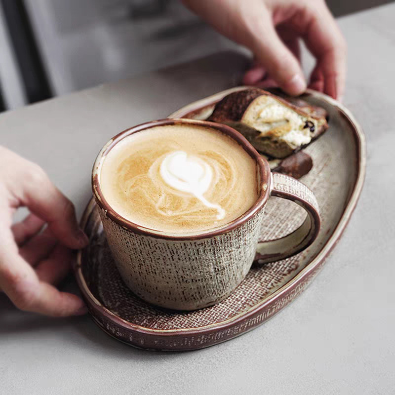 外贸复古麻布纹咖啡杯碟套装高级感餐厅拿铁抹茶拉花300ml咖啡杯